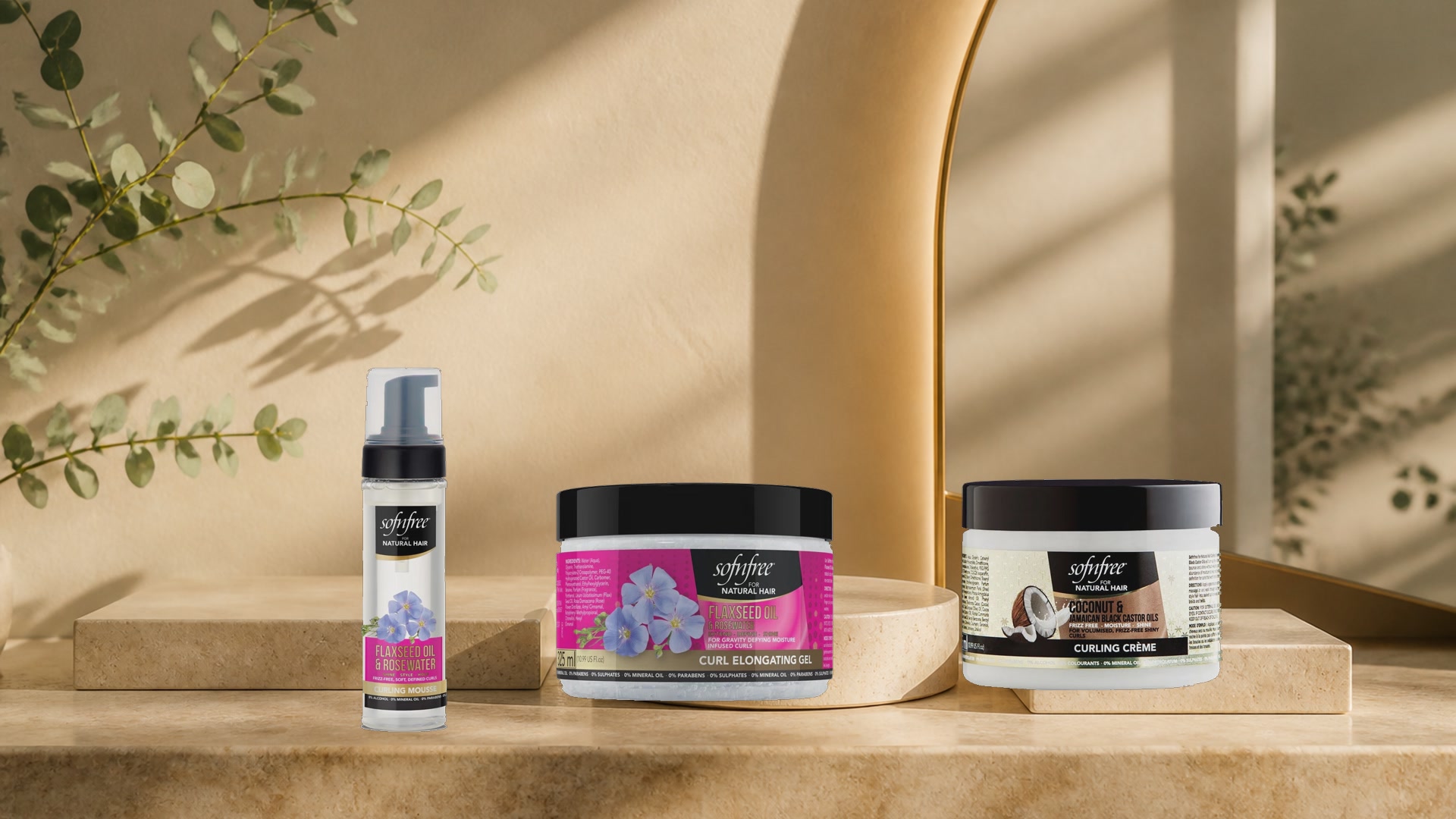 Sofn'free curling mousse, flaxseed curl gel and curling crème