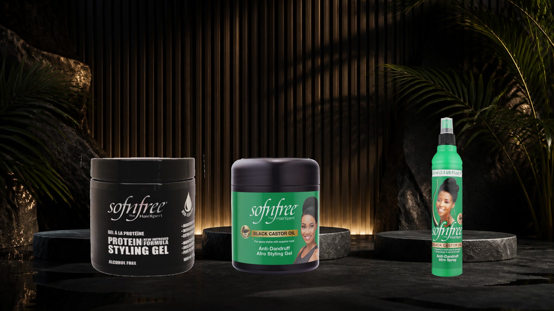 Sofn'free protein styling gel, afro styling gel and afro spray