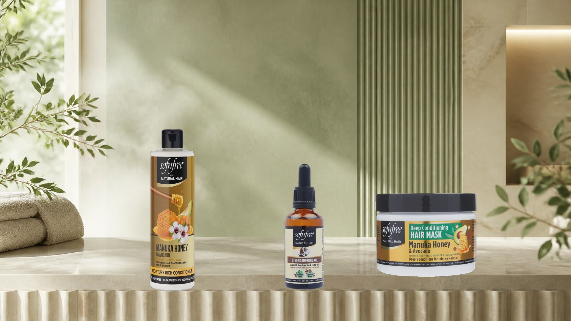 Sofn'free honey conditioner, strengthening oil and hair mask